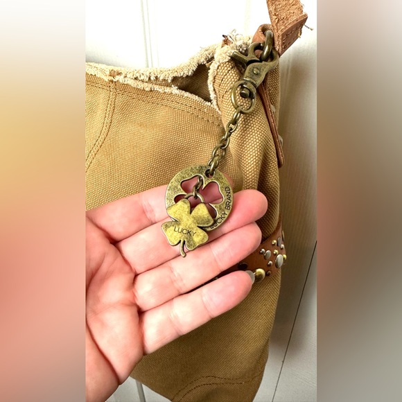 LUCKY BRAND Calexico Crossbody Purse Canvas Leather Studded Camel Tan Brown - Picture 5 of 16